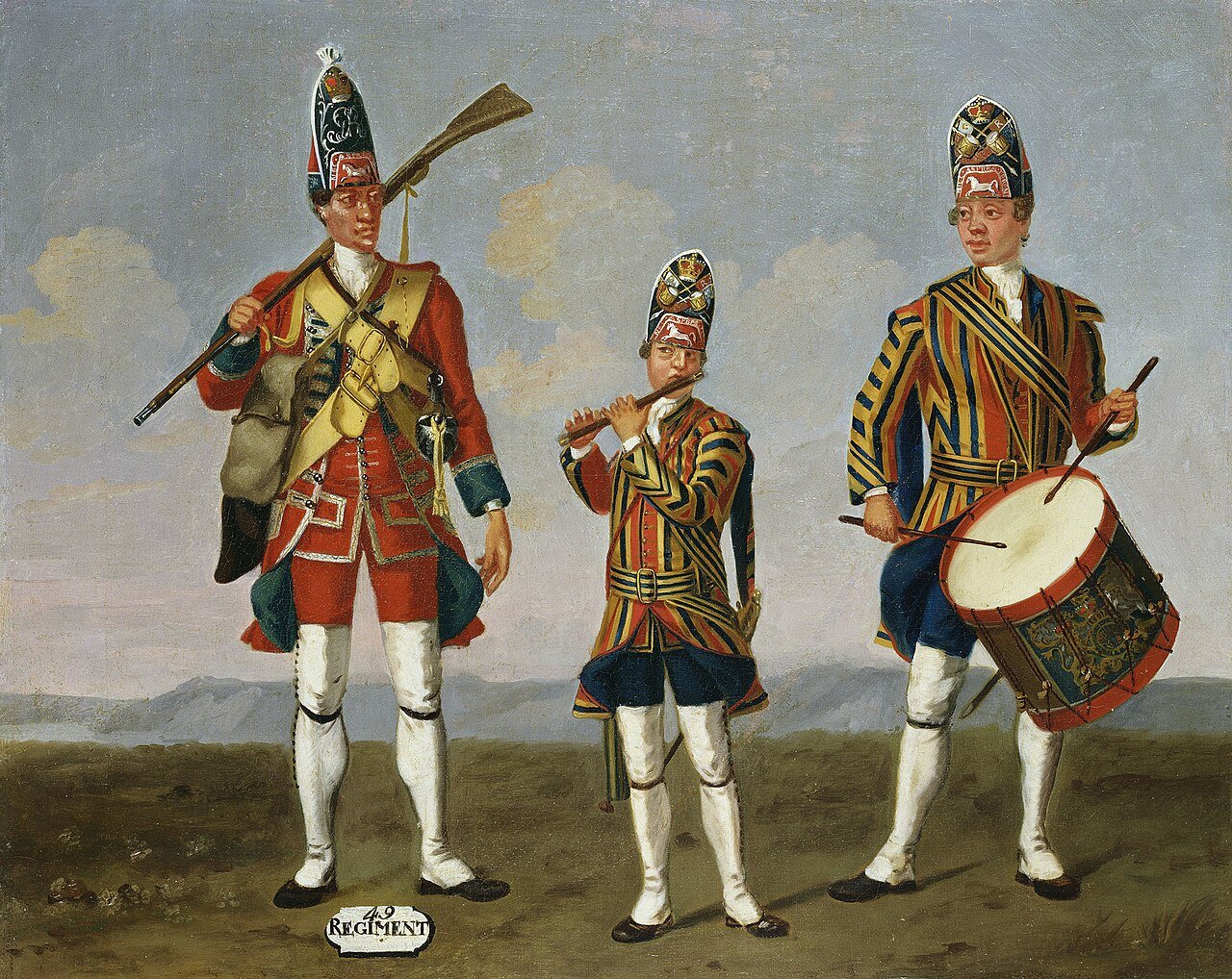 A grenadier of the 49th Regiment of Foot beside a fifer and drummer of the Foot Guards, painted by David Morier